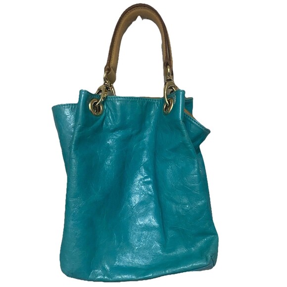 Turquoise leather Maurizio Taiuti bucket handbag Gold hardware - Picture 2 of 16
